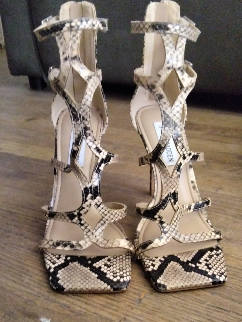 Women's Snake-Print Strappy High Heel Sandals - Beige/Black